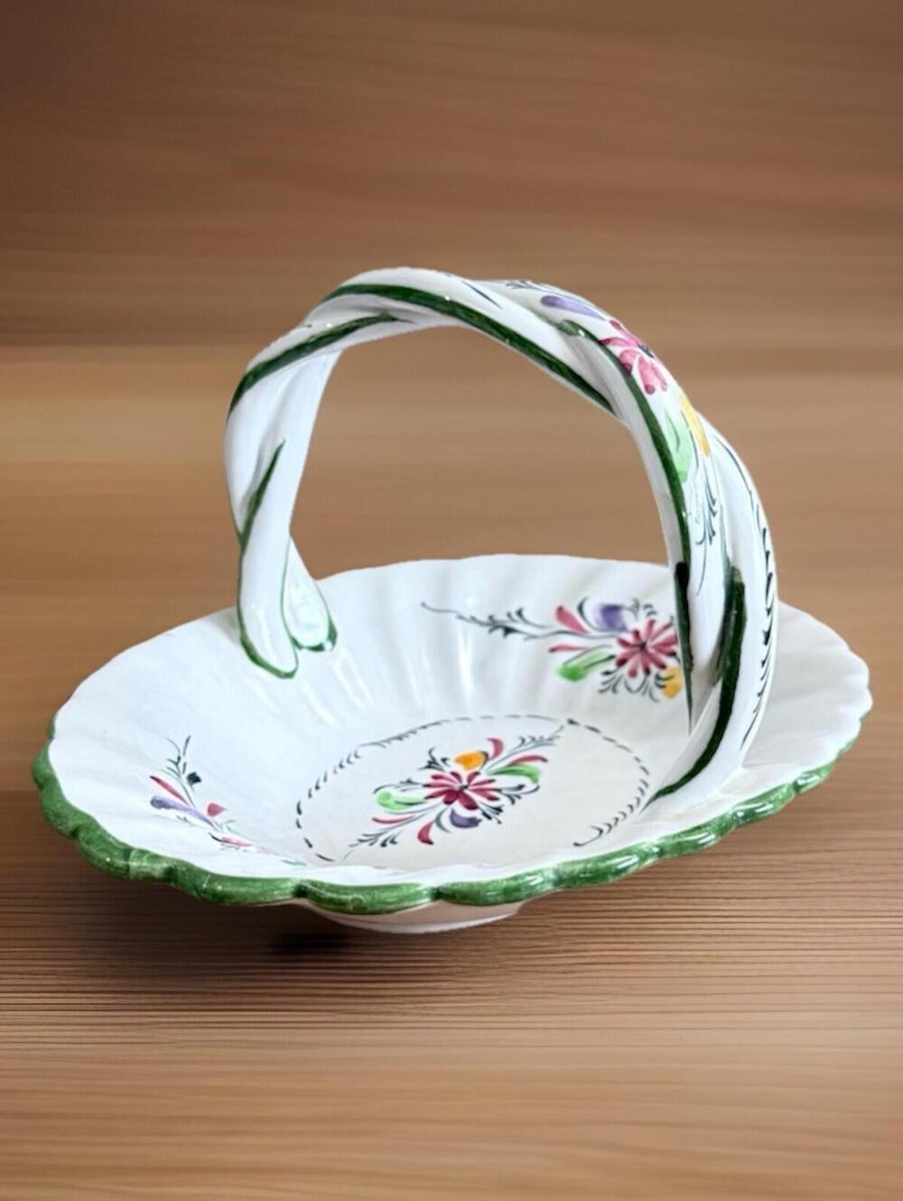 Vintage Porcelain Bowl Floral Basket Candy Dish Artisan Signed Portugal 5"T